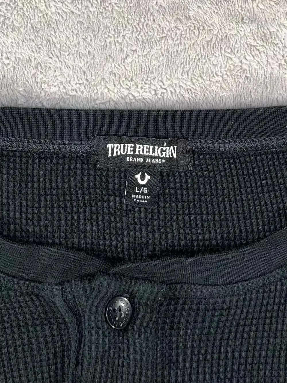 True Religion Men's Waffle Knit Long Sleeve Henley Shirt in Black, L